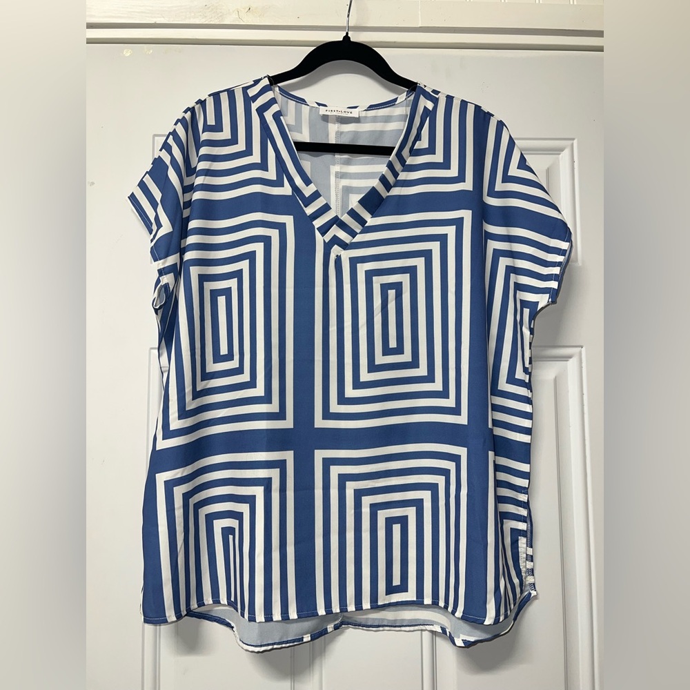 First Love Blue and White geometric top size medium